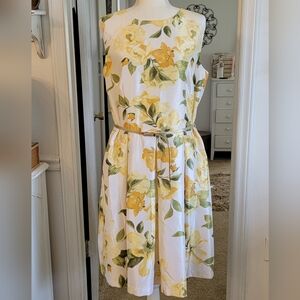 Liz Clairborn Dress Fit & Flair Pleated Belted Back Zip Sz 14 Yellow Floral Y2k